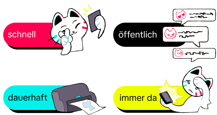 Illustration: Besonderheiten von Social Media – schnell, öffentlich, dauerhaft, immer da