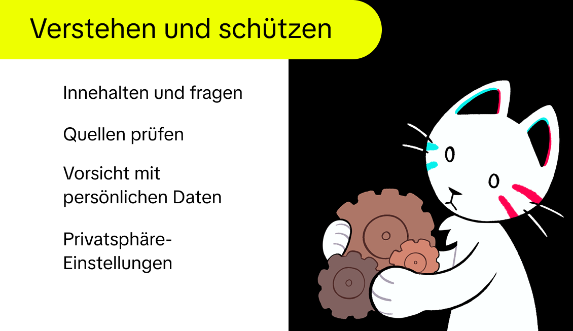 Wie funktioniert das? Innehalten und Fragen, Quellen prüfen, persönliche Daten schützen, ganz ohne Druck