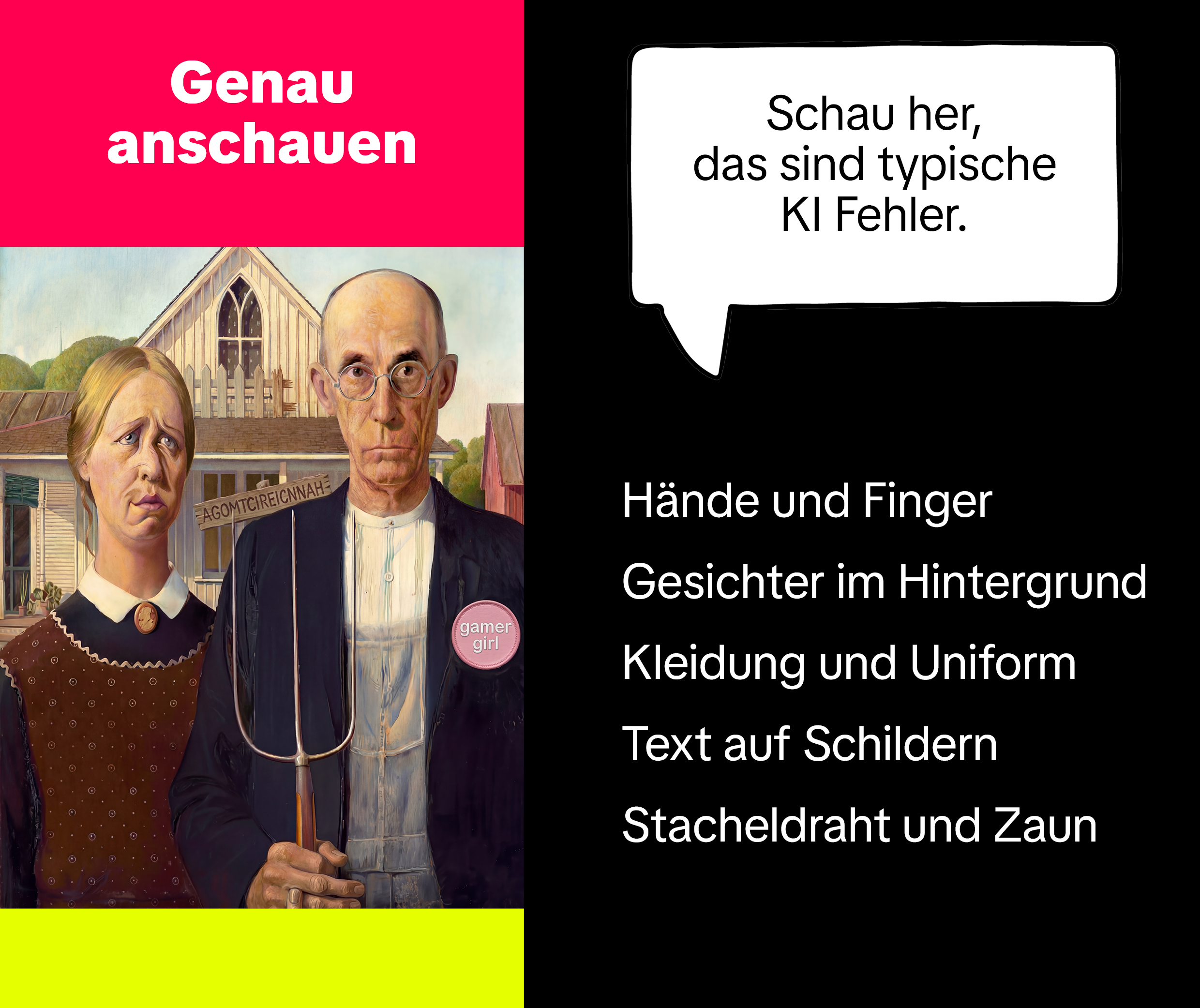 Genau anschauen: Hände, Gesichter, Kleidung, Text, Stacheldraht – typische KI-Fehler
